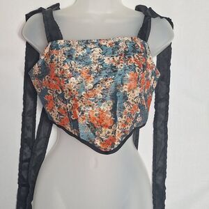 Cider Womens Bustier Crop Top Floral Ribbon Straps Lace Up Coquette Medium